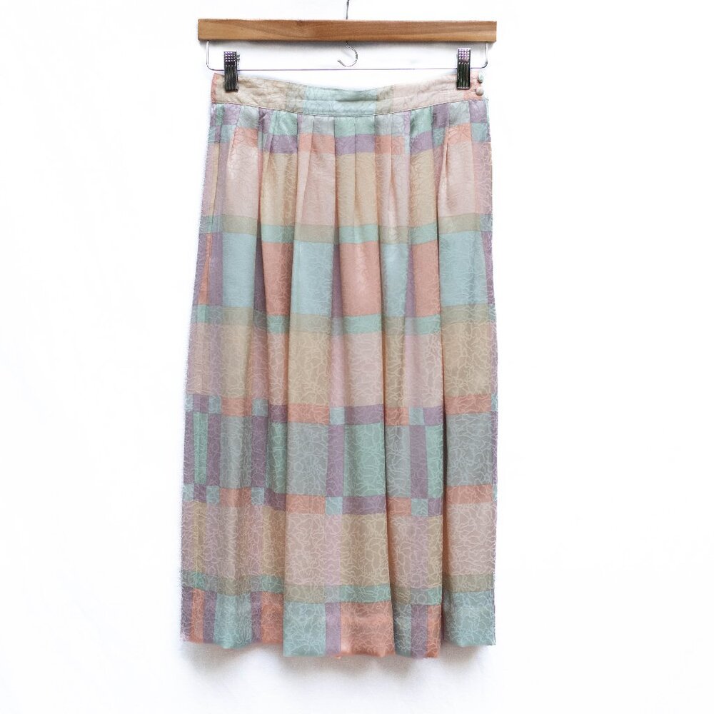 Vtg Jerri Sherman Silk Skirt Sz 4‎ Pastel Plaid Pleated Cottagecore Korea